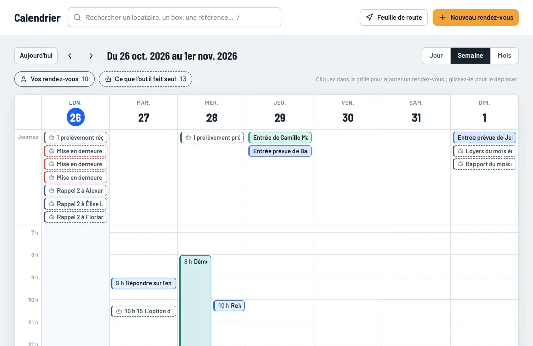 Calendrier de la semaine : un déménagement, des visites, des entrées prévues et ce que l'outil fait seul, jour par jour.