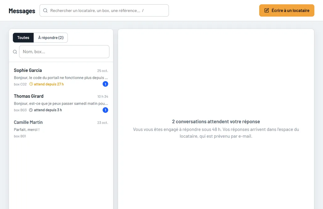Messages : les conversations avec les locataires, celles qui attendent une réponse et depuis combien de temps.
